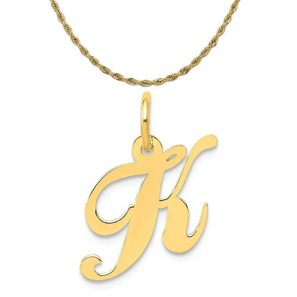 14k Yellow Gold Initial K Charm on a 14K Yellow Gold Carded Rope Chain Necklace 
